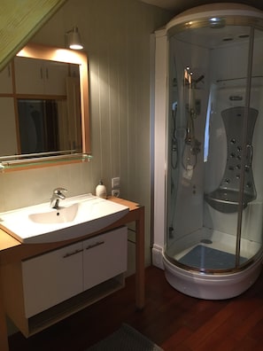Douche, séchoir à cheveux, savon, shampooing