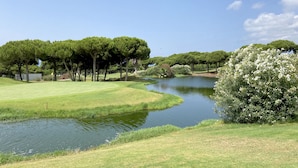 Um campo de golfe com lago, árvores e céu limpo.