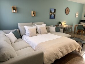 1 bedroom, desk, iron/ironing board, travel cot