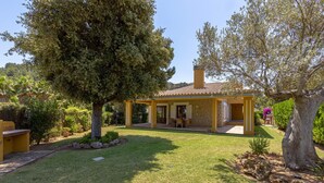 Ein Haus mit Terrasse, Rasen und einem großen Baum.