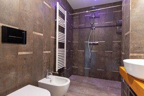 Douche, sèche-cheveux, bidet, serviettes fournies