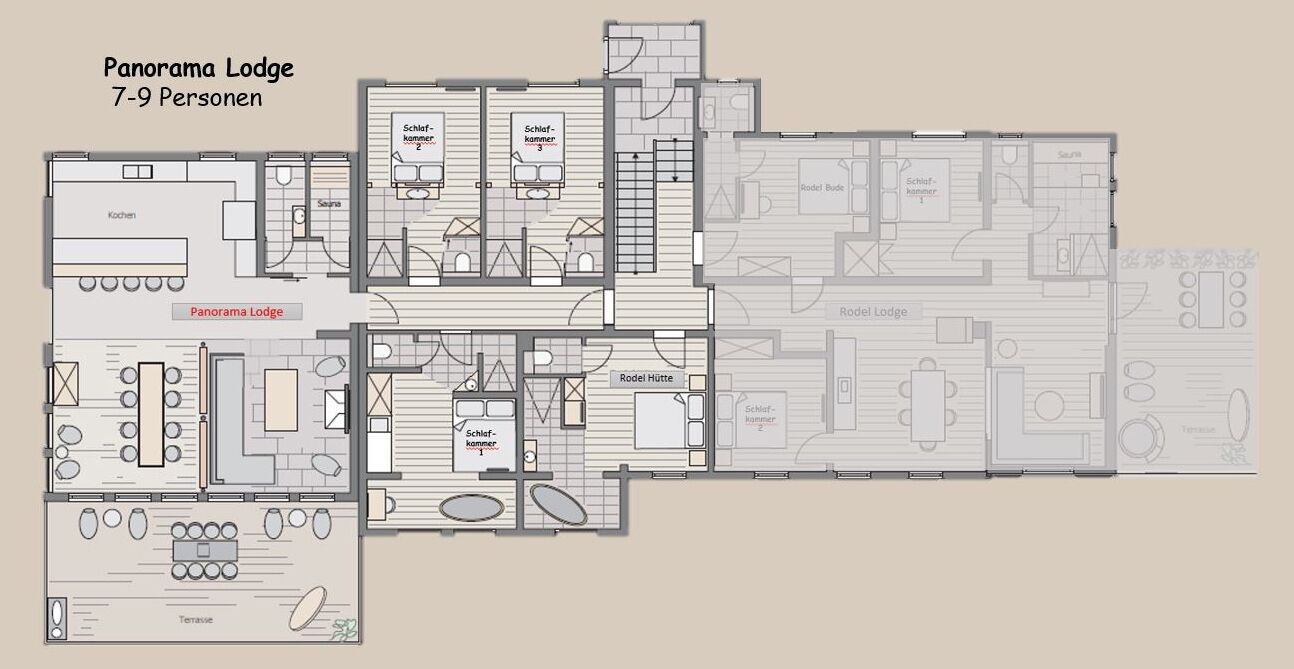Plano de planta de una Cabaña Panorama con capacidad para 7 u 9 personas, que cuenta con cocina, comedor, sala de estar y una terraza.