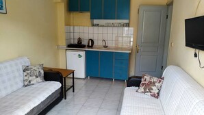 Un ambiente compatto con angolo cottura, due divani, un tavolino e una TV.