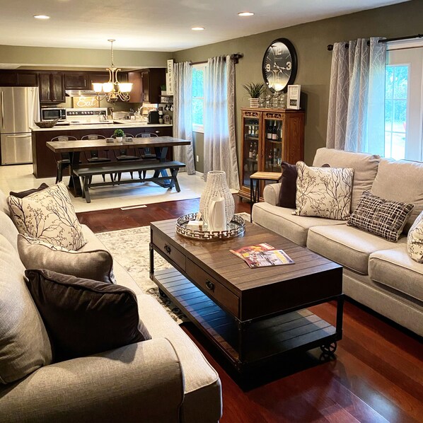 Smart TV, fireplace, books, music library