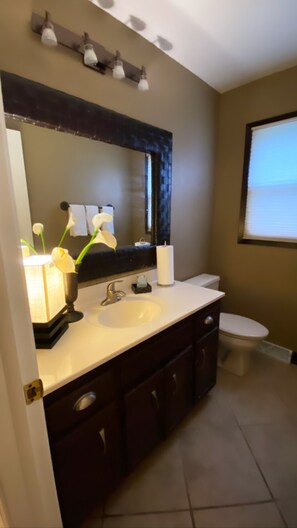 Hair dryer, towels, soap, shampoo