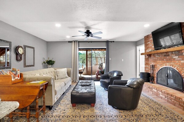 Smart TV, fireplace, books