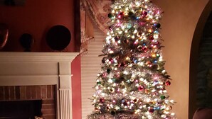 A living room with a fireplace, a Christmas tree, and a coffee table with a decorative item. - Fairway Haven at The Falls – Golf, Shops, Dining! 10-12 Mins. Equestrian Center (O'Fallon)