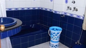 Ein Badezimmer mit Badewanne, Toilette und Dusche.