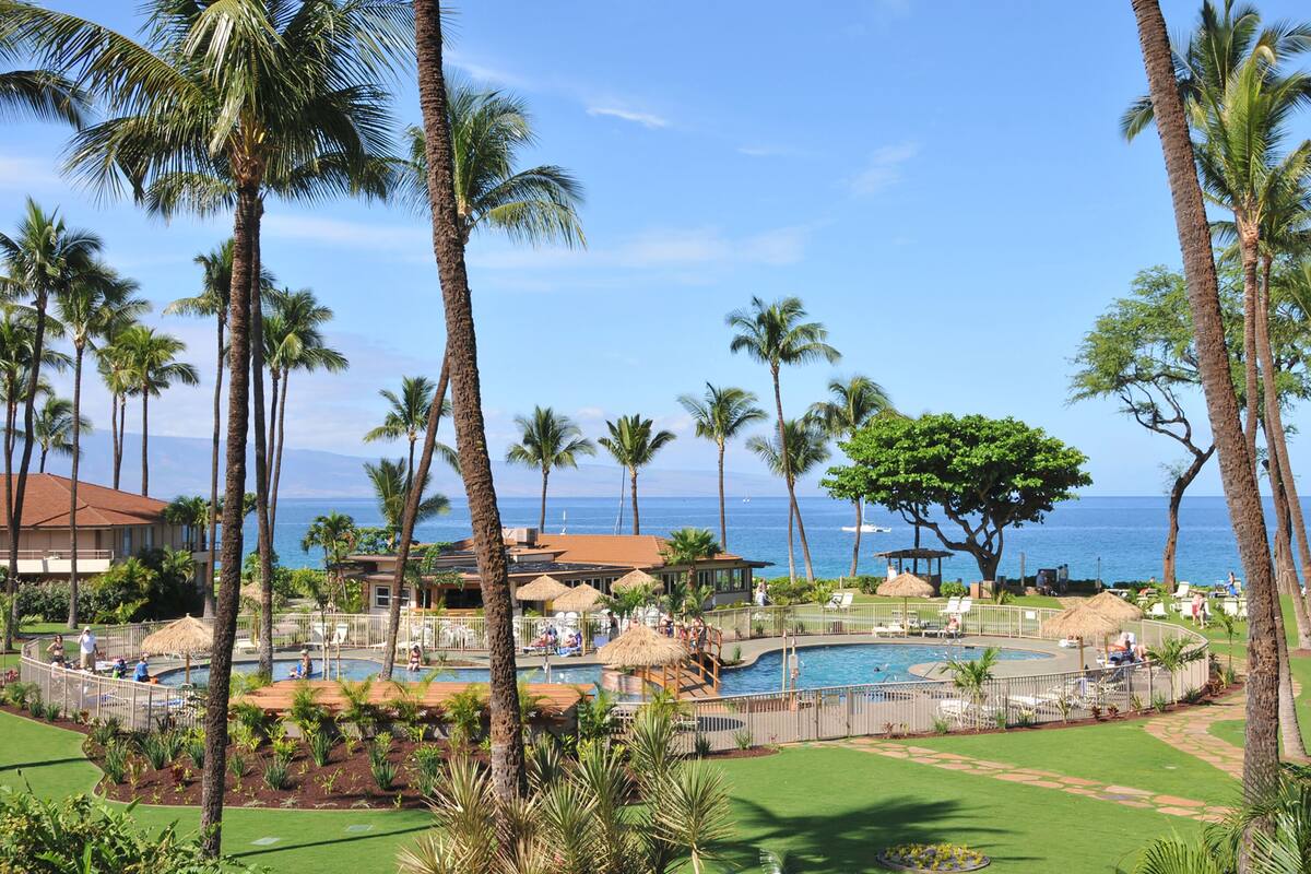 Un resort con zona de piscina rodeada de palmeras y vistas al océano.