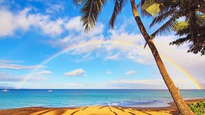 A beach with a clear sky, a rainbow, and palm trees.