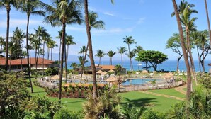 A resort with multiple swimming pools, palm trees, and a view of the ocean.