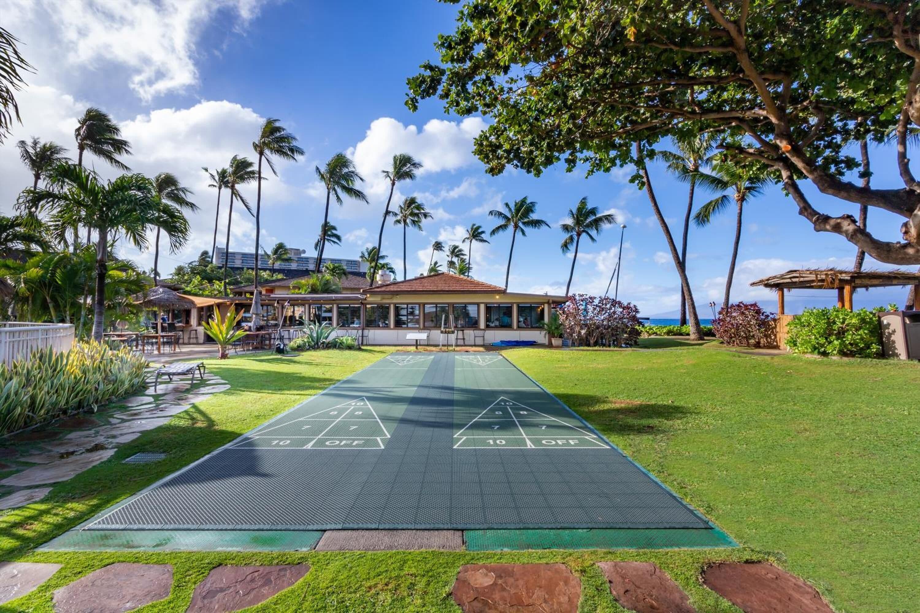 A shuffleboard court with a house in the background, surrounded by palm trees and a clear sky.