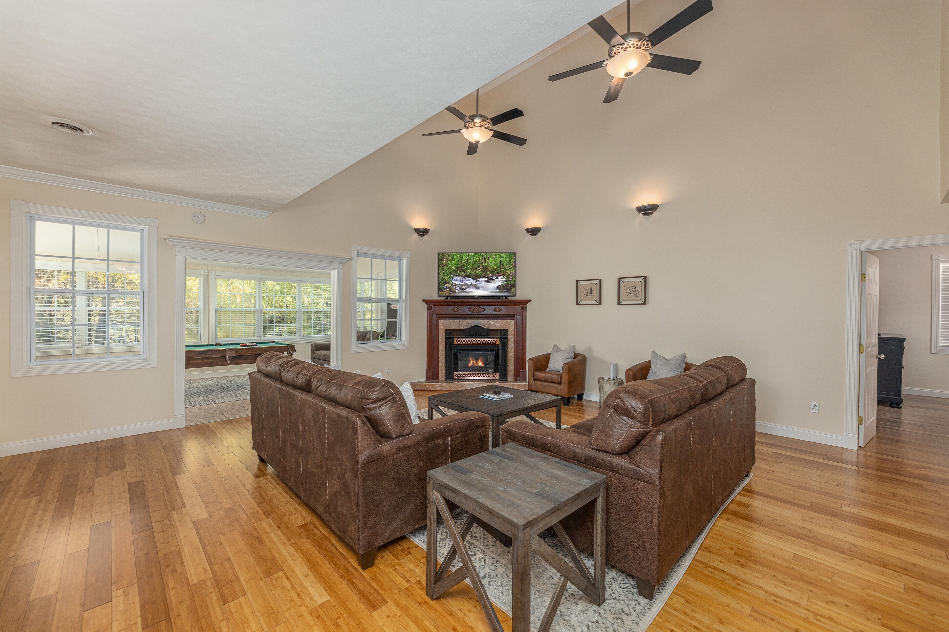 Chalet, Multiple Beds, Hot Tub | Living room | TV, fireplace