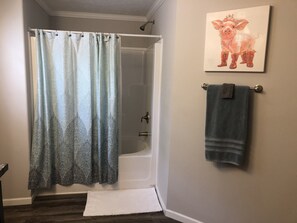 Combined shower/tub, hair dryer, towels, toilet paper