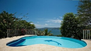 Una piscina con un adhesivo de delfín, rodeada por un suelo de piedra y vallas de metal, con vistas a un cuerpo de agua y montañas al fondo.