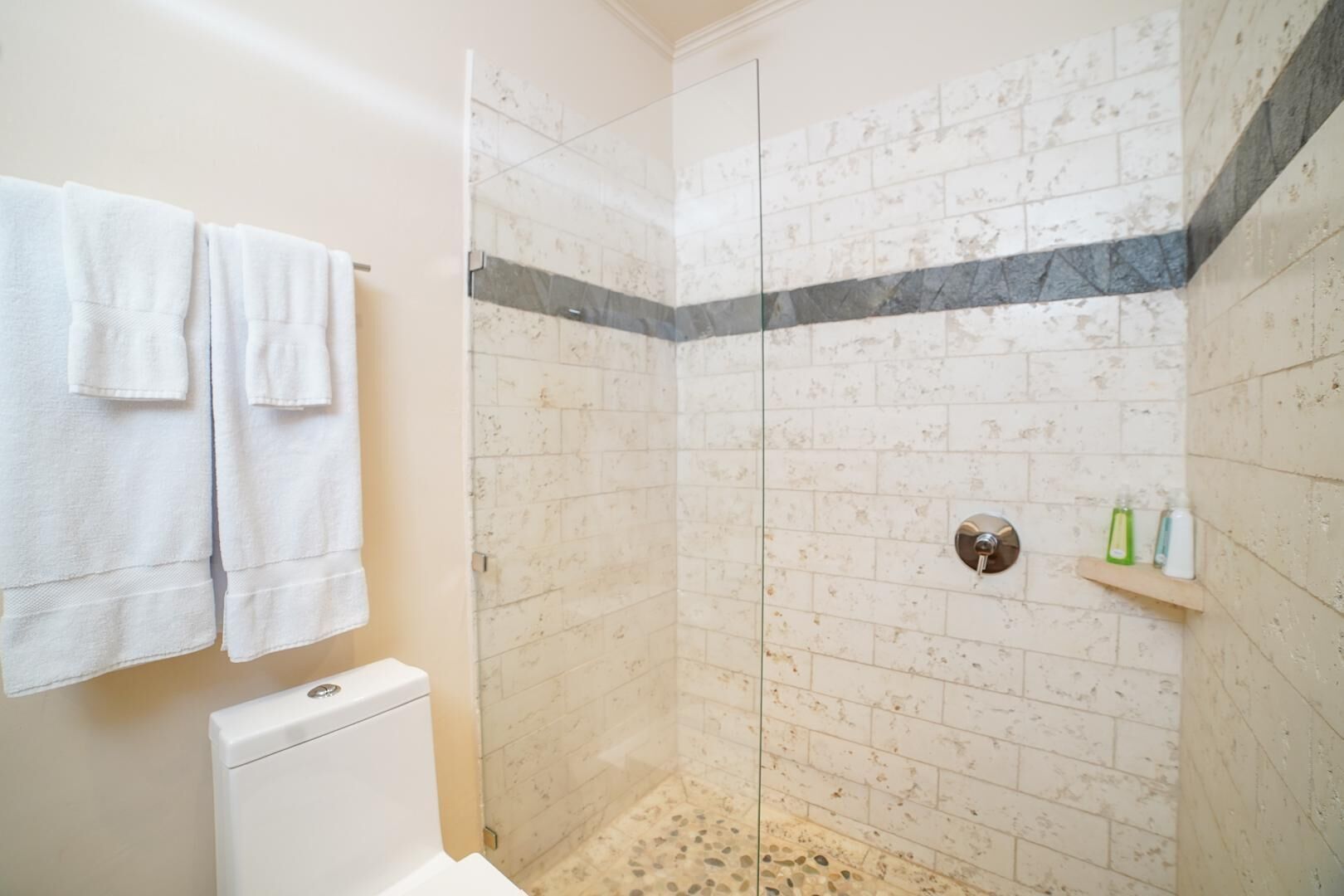 Une salle de bain avec une douche, des carreaux blancs, des toilettes et deux serviettes accrochées au mur.