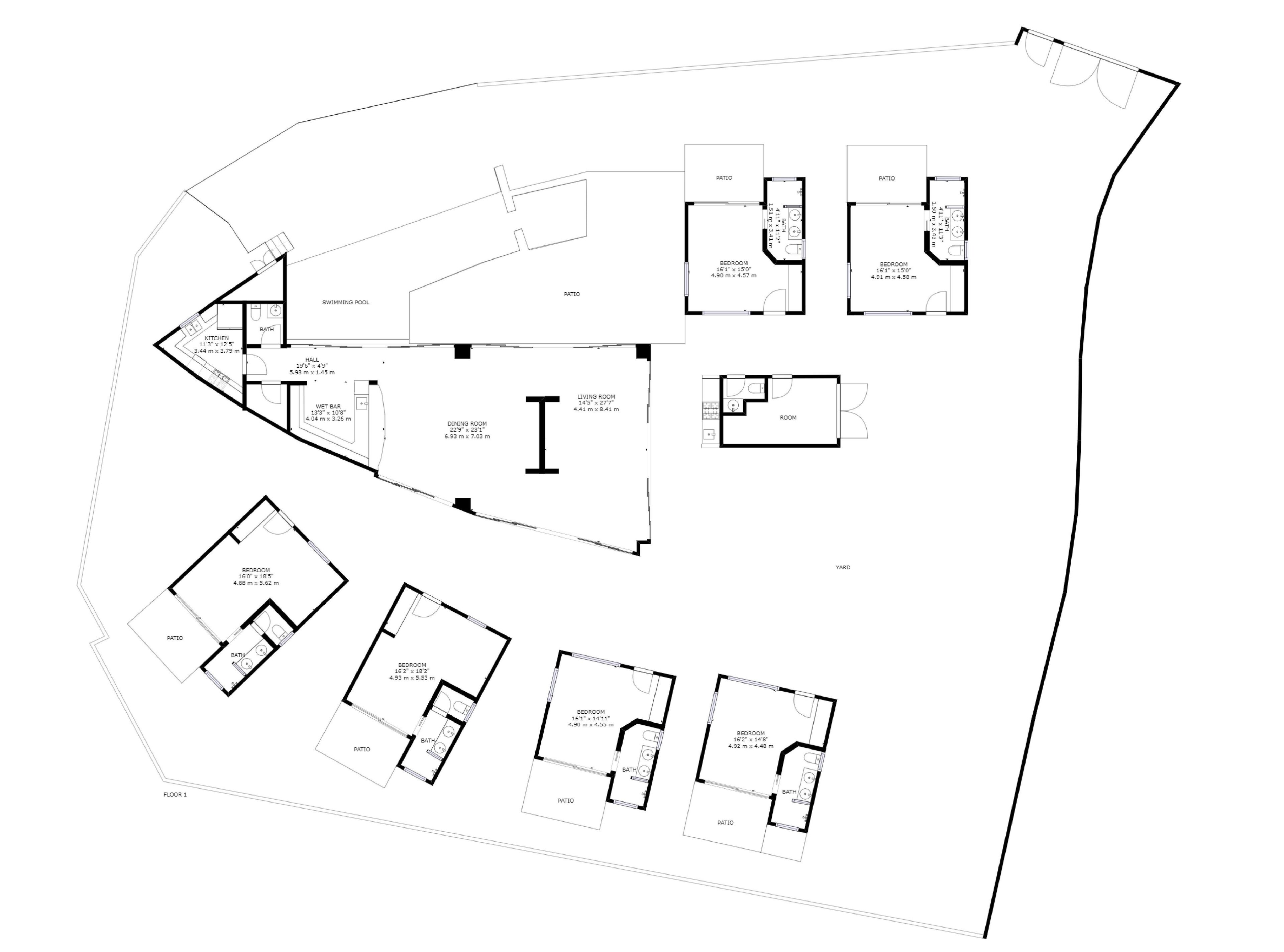 A floor plan of a building with multiple bedrooms, bathrooms, a dining area, and a living room.