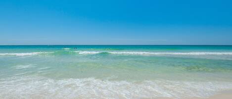 On the beach, sun loungers