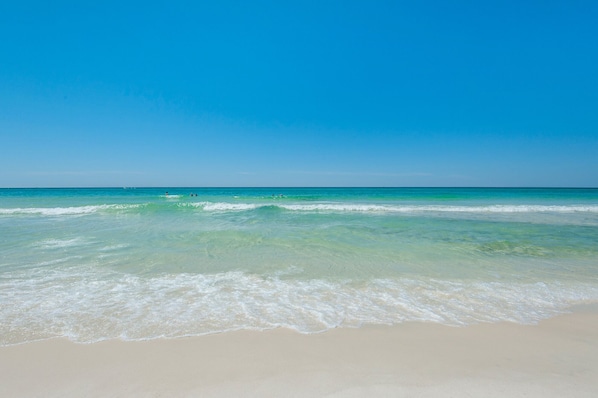 On the beach, sun loungers