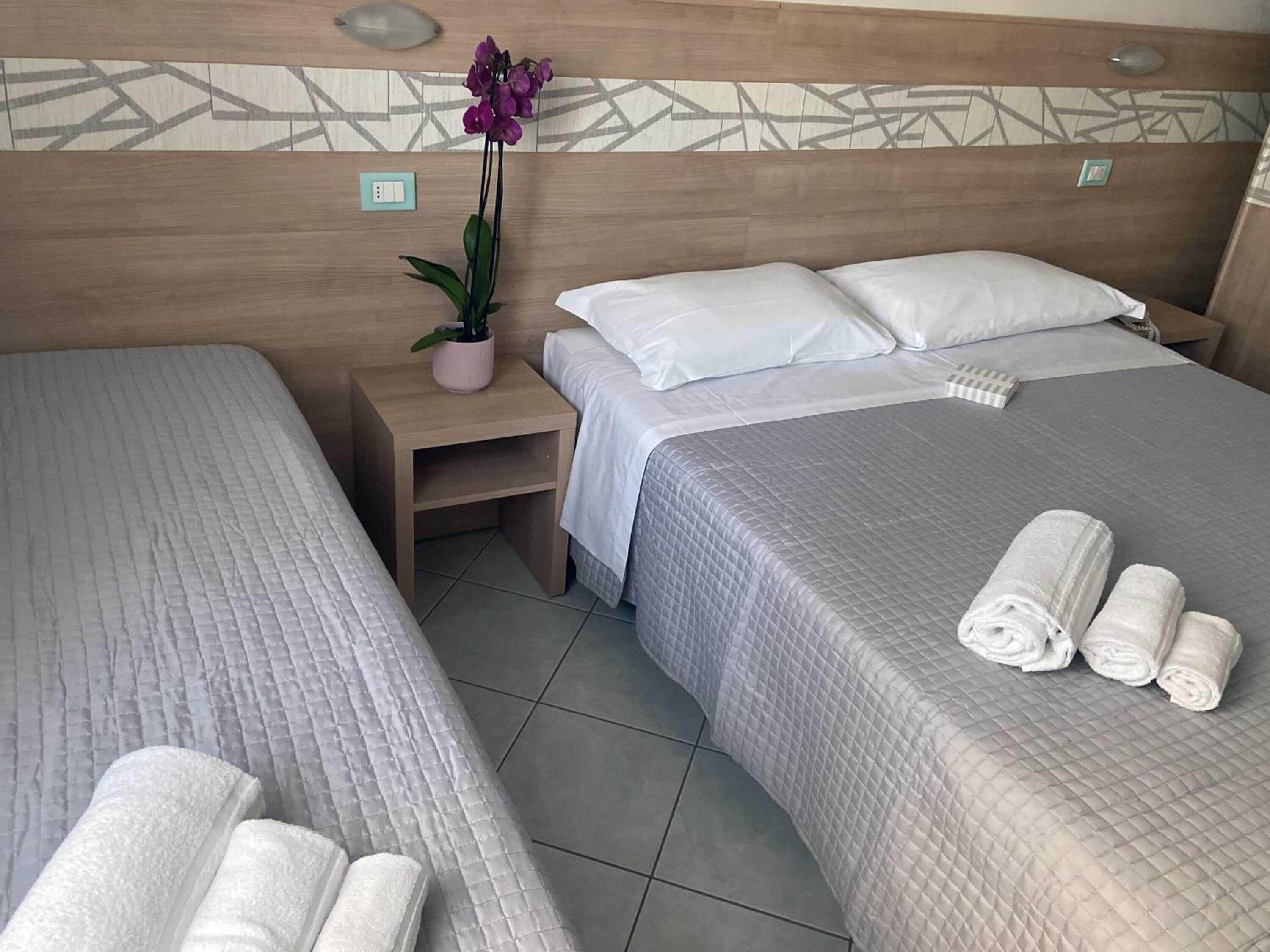 A hotel room with two beds, a nightstand with a potted plant, and neatly folded towels on the bed.