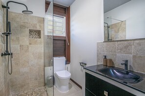 A bathroom with a shower, toilet, and sink. - Fleur de Canne (Le Diamant)