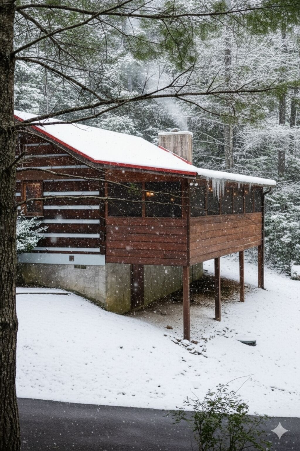 A wooden cabin with a red roof, surrounded by snow-covered trees.