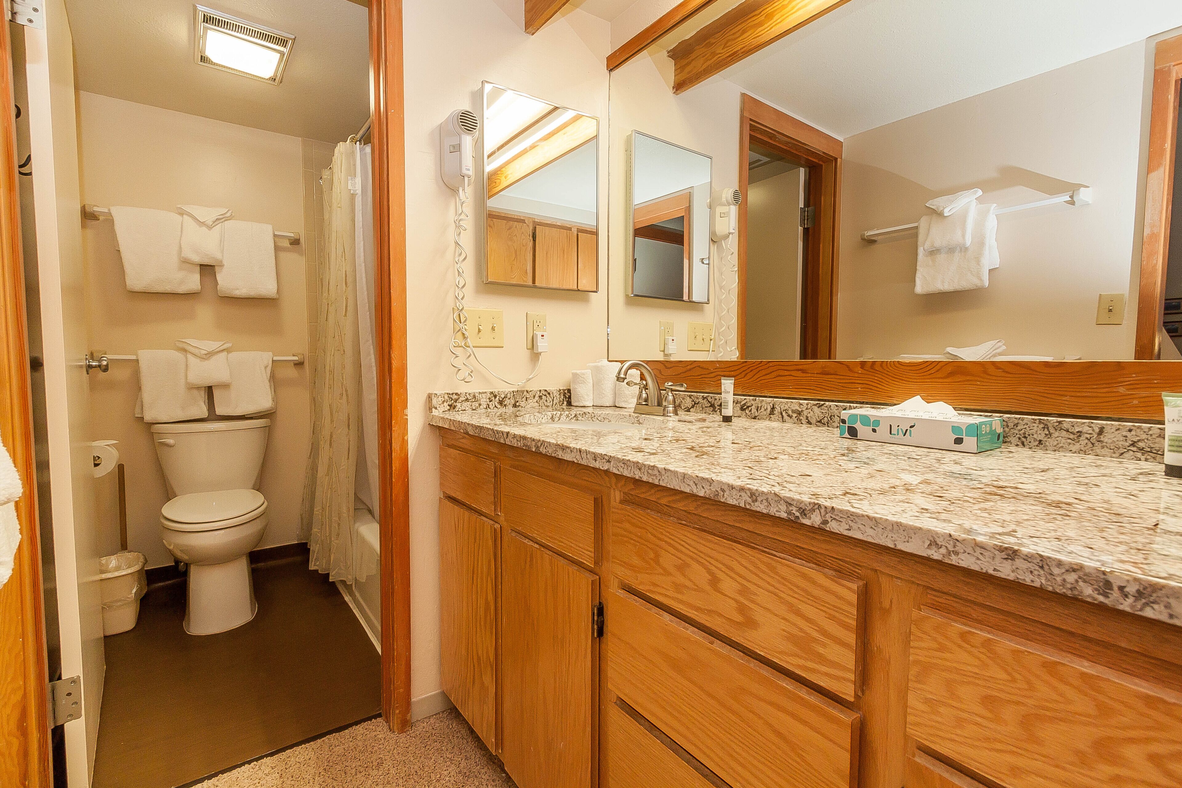 Une salle de bain avec des toilettes, un lavabo, un miroir et une douche.