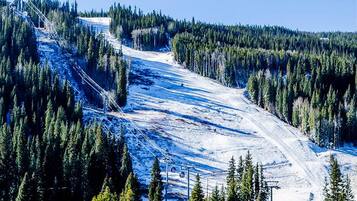 A snowy mountain landscape with a ski slope, surrounded by dense forests.