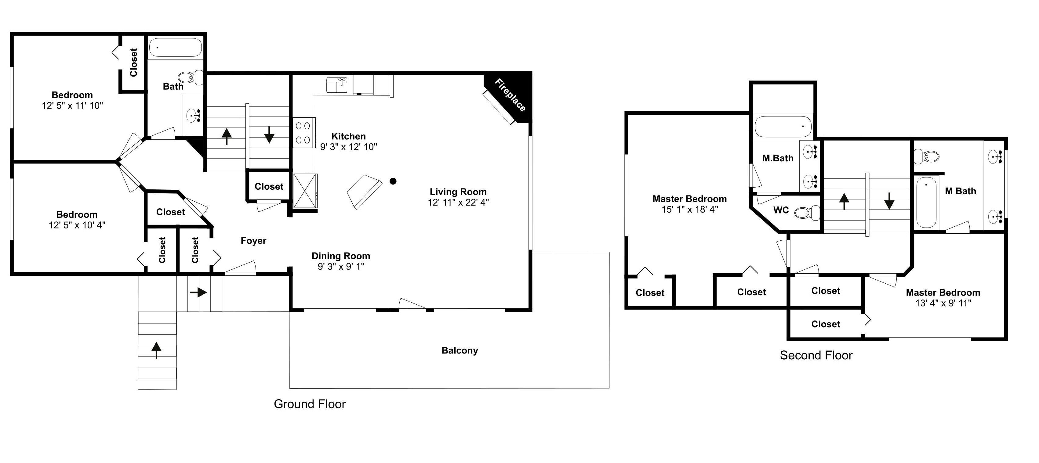 A floor plan of a house with two bedrooms, a living room, a kitchen, a dining room, a foyer, a balcony, and a fireplace.