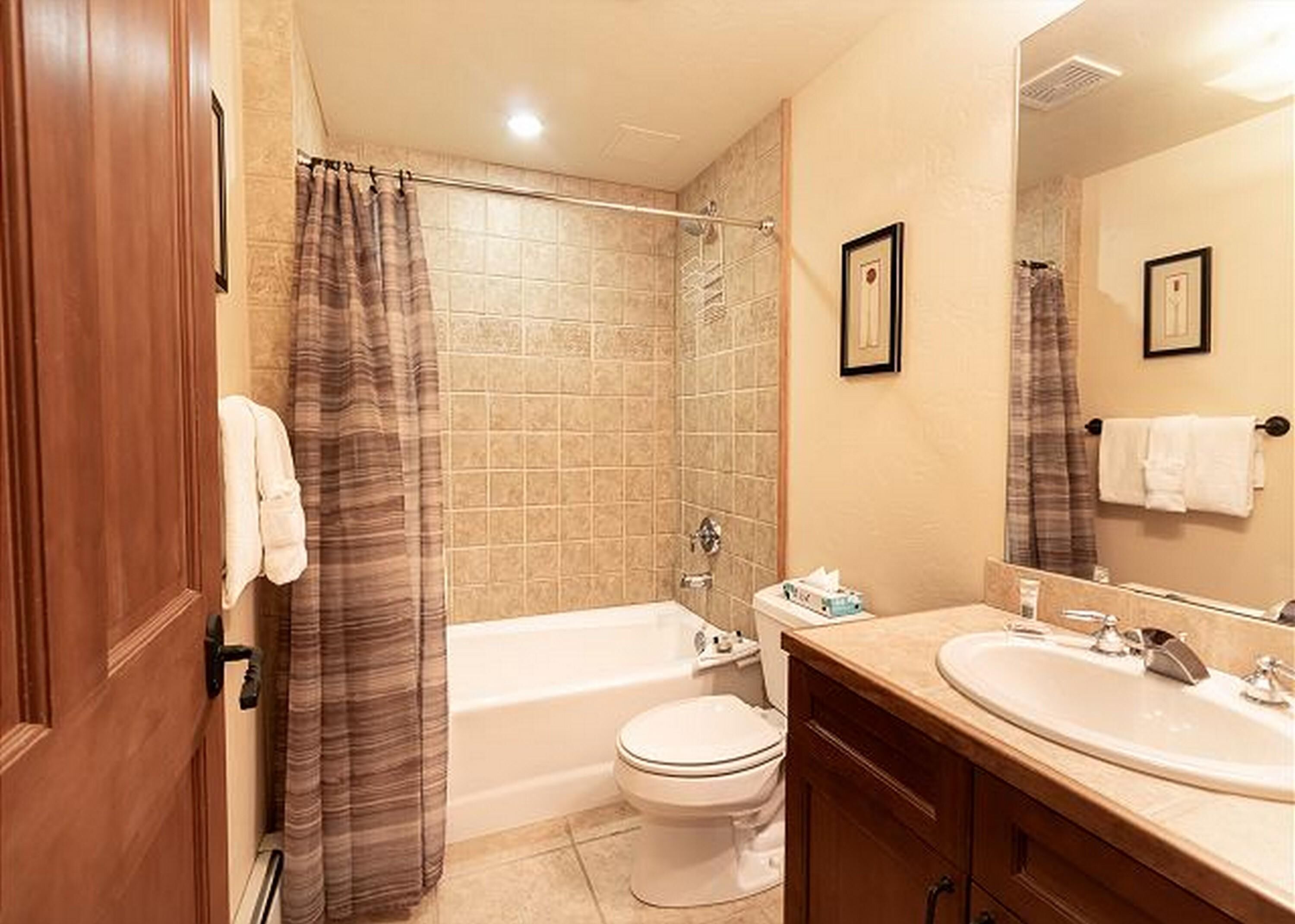 A bathroom with a shower, toilet, and sink.