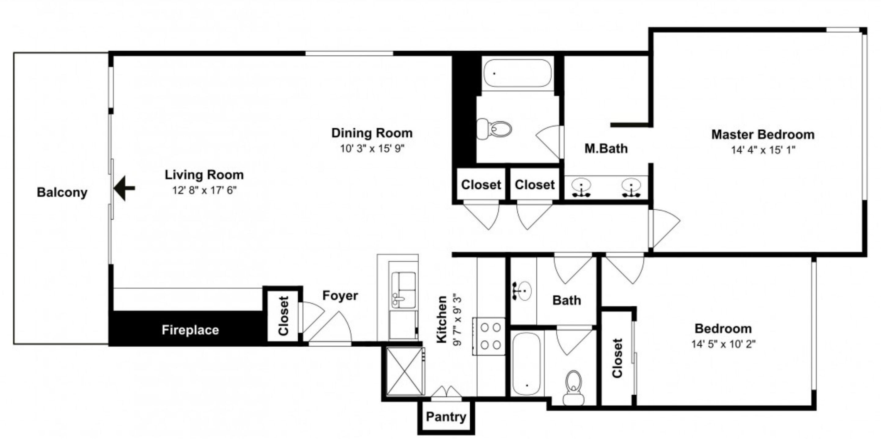 Plano de planta de una casa con balcón, sala de estar, comedor, habitación principal, baño principal, baño, habitación, cocina, despensa, vestíbulo y chimenea.