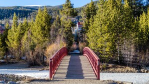 Un pont rouge mène à un bâtiment entouré d’arbres, avec une montagne enneigée en arrière-plan.