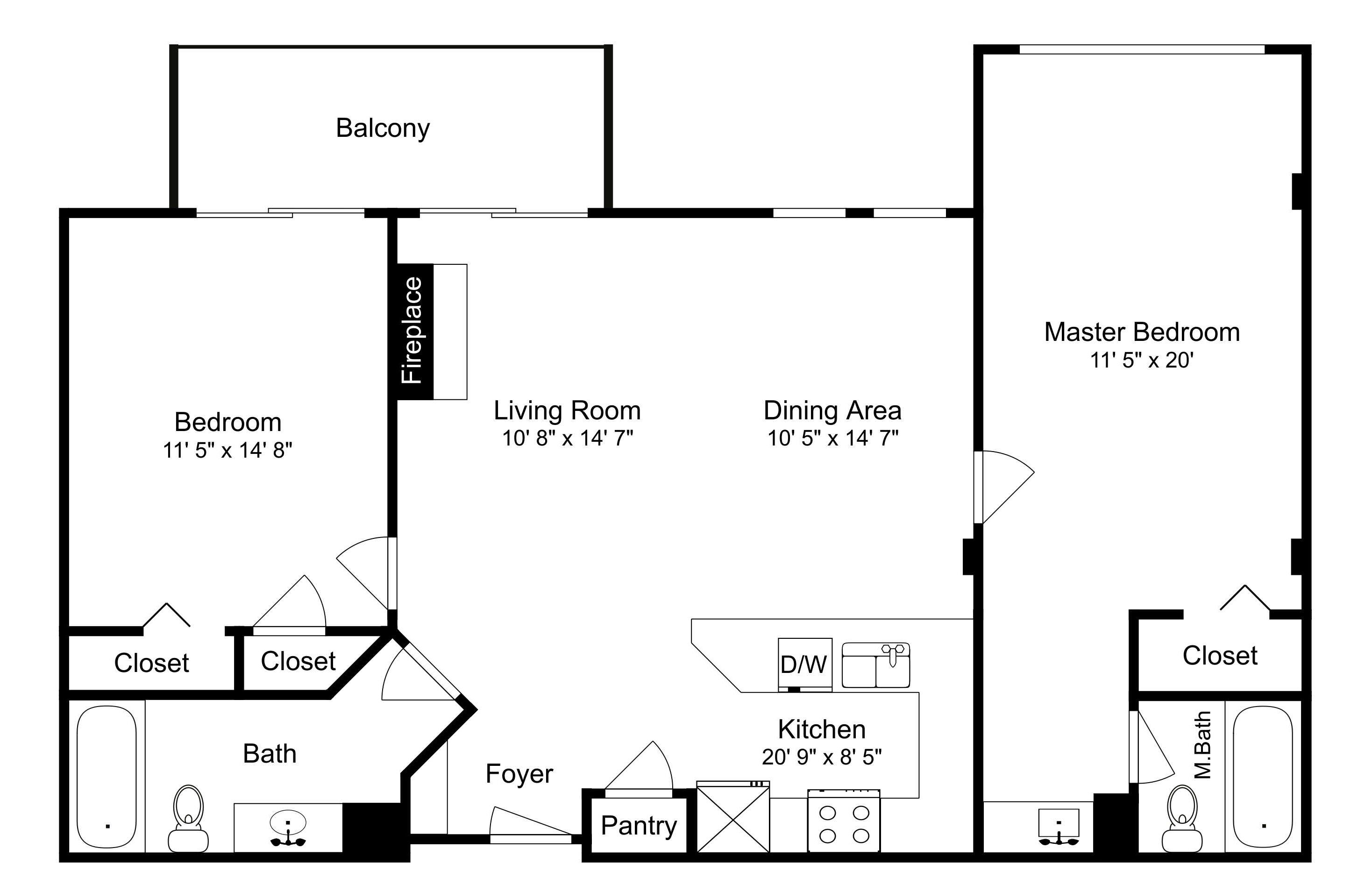Plan d’étage d’une chambre d’hôtel comprenant un balcon, une chambre à coucher, un salon, un coin repas, une cuisine, une salle de bain et un hall d’entrée.