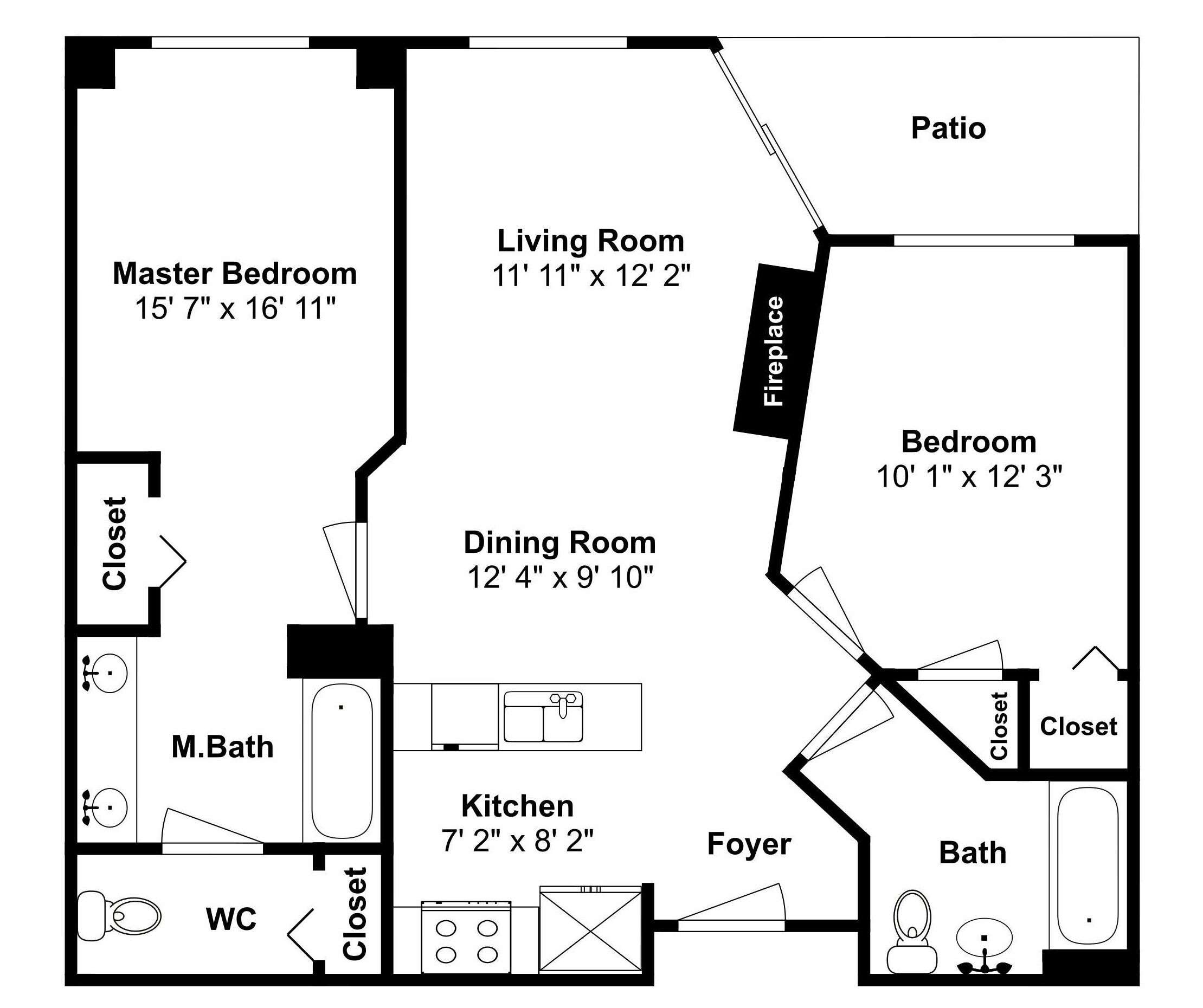 Plano de planta de una casa con habitación principal, sala de estar, comedor, cocina, baño principal y un patio.