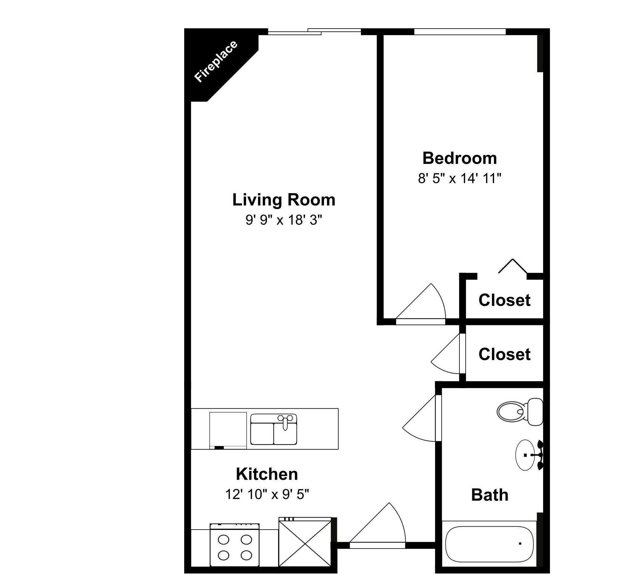 A floor plan of a house with a living room, bedroom, two closets, kitchen, and bathroom.