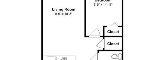 A floor plan of a house with a living room, bedroom, two closets, kitchen, and bathroom.