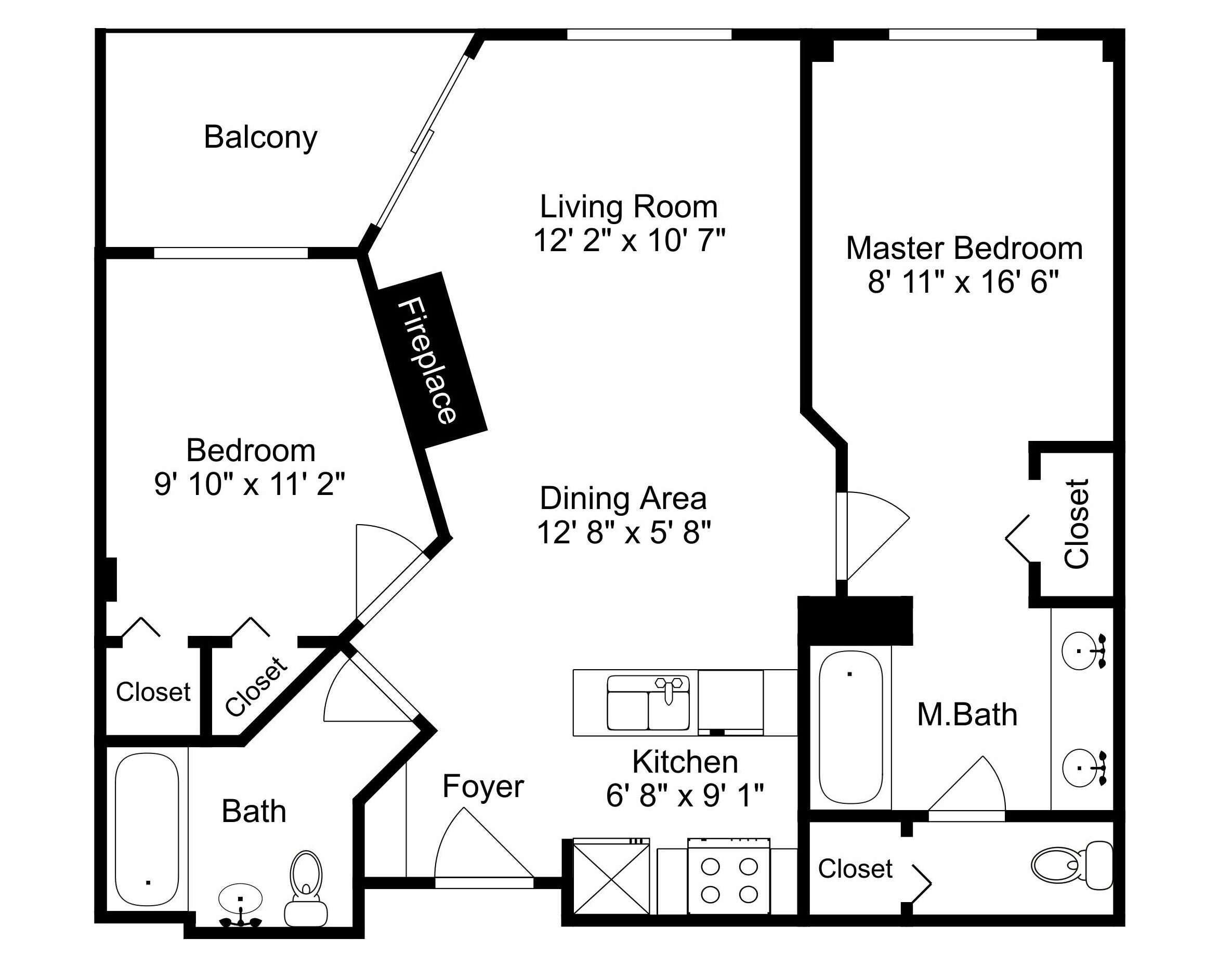 A floor plan of a house with a balcony, living room, master bedroom, dining area, kitchen, master bathroom, two bedrooms, two closets, and a foyer.