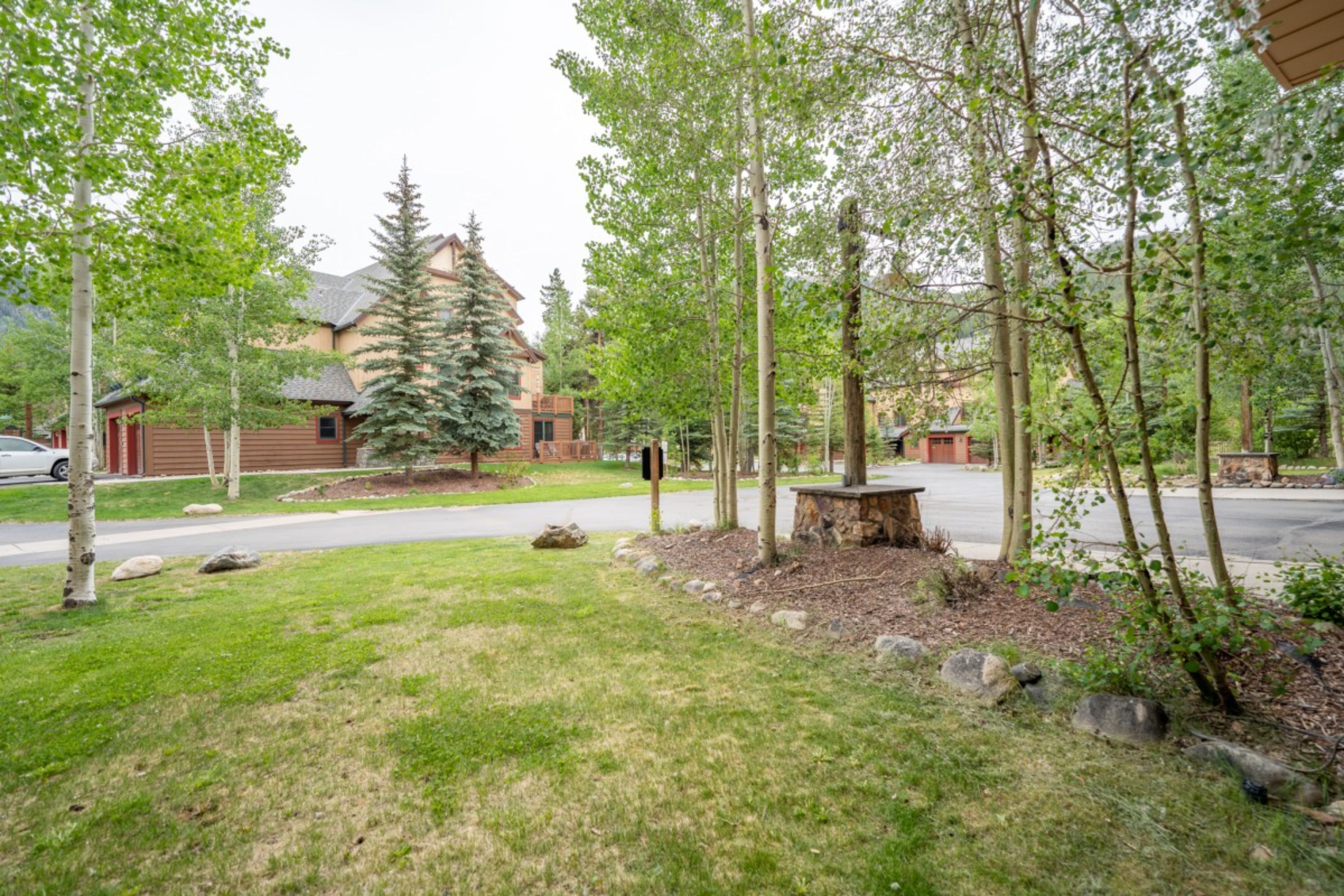 A residential area with a well-maintained lawn, a stone bench, and a large coniferous tree.