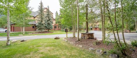A residential area with a well-maintained lawn, a stone bench, and a large coniferous tree.