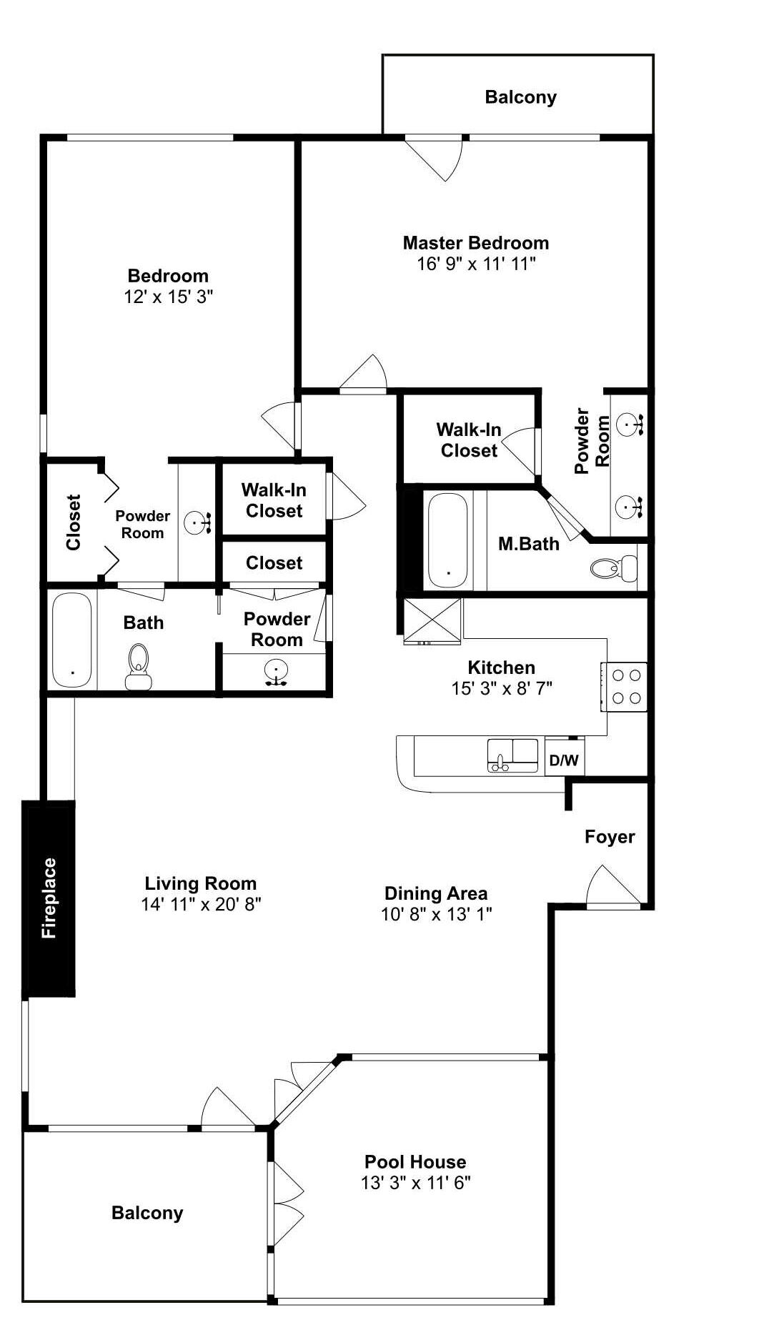 A floor plan of a property at 1203 W. Keystone Road, Keystone, including a master bedroom, living room, kitchen, powder room, and balcony.