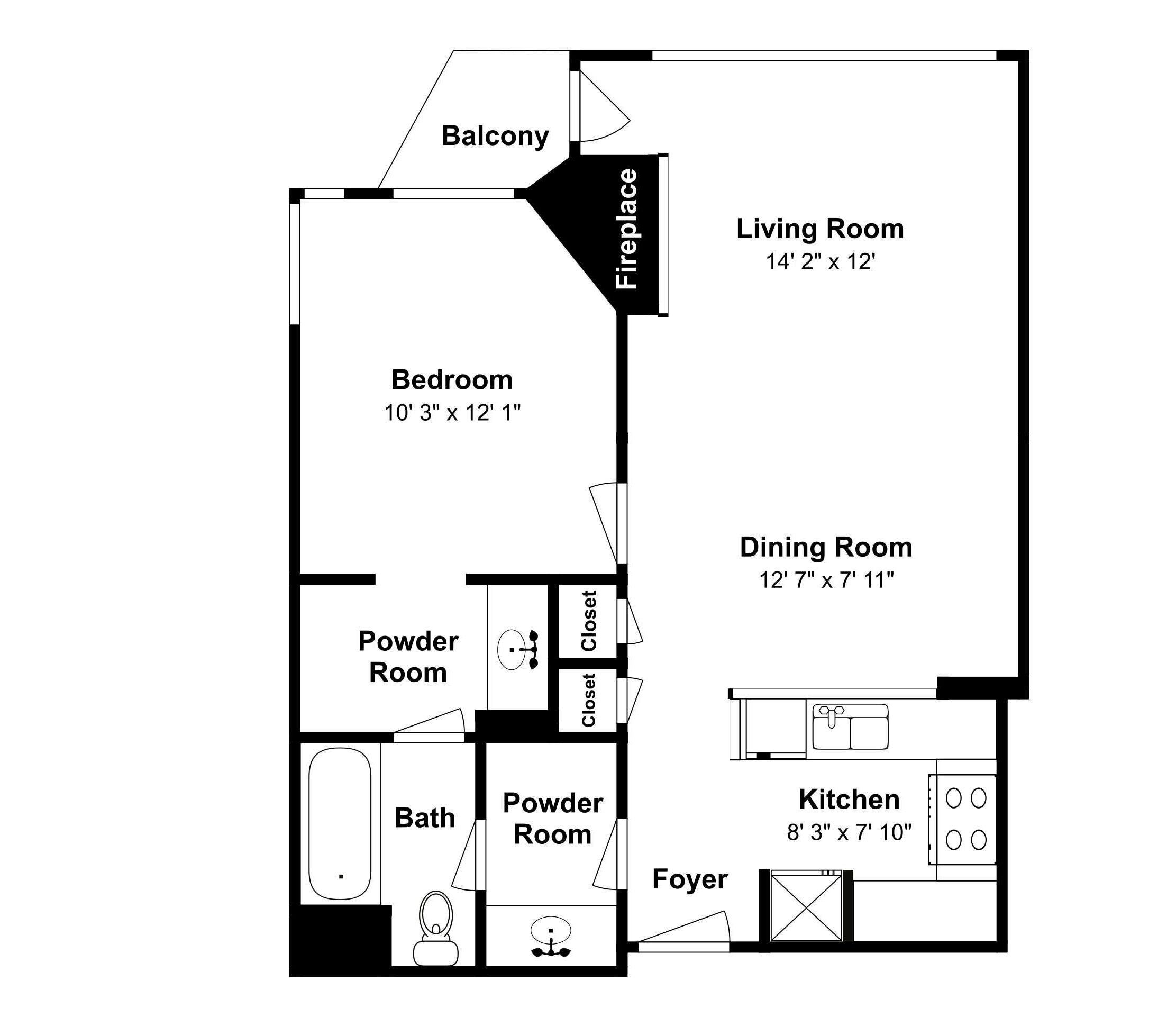 Un plan d’étage comprenant un salon, une chambre, des toilettes, une salle de bain, une salle à manger, une cuisine, un hall d’entrée et un balcon.
