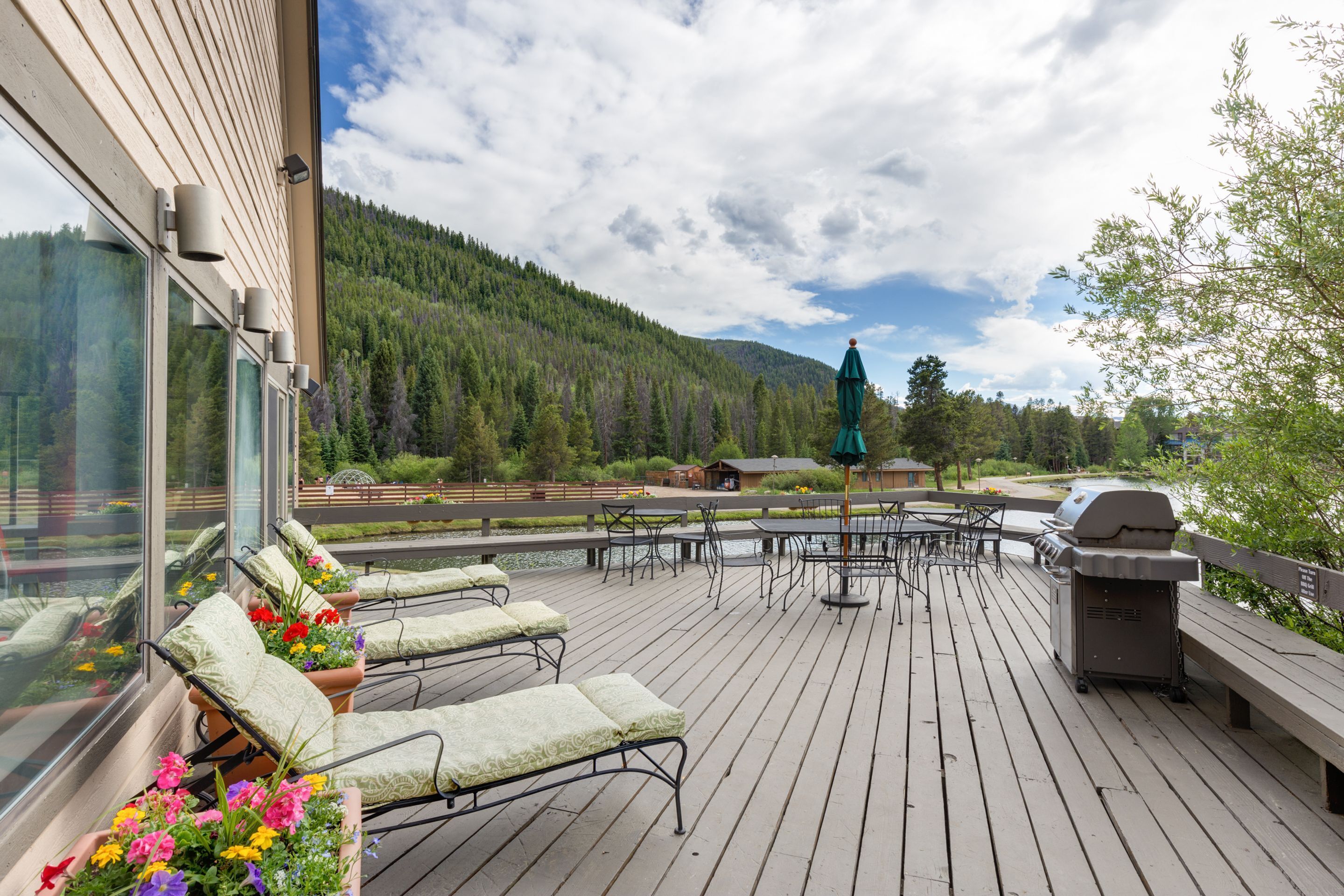 Une terrasse en bois avec coin salon extérieur, un barbecue et une vue sur une montagne boisée.