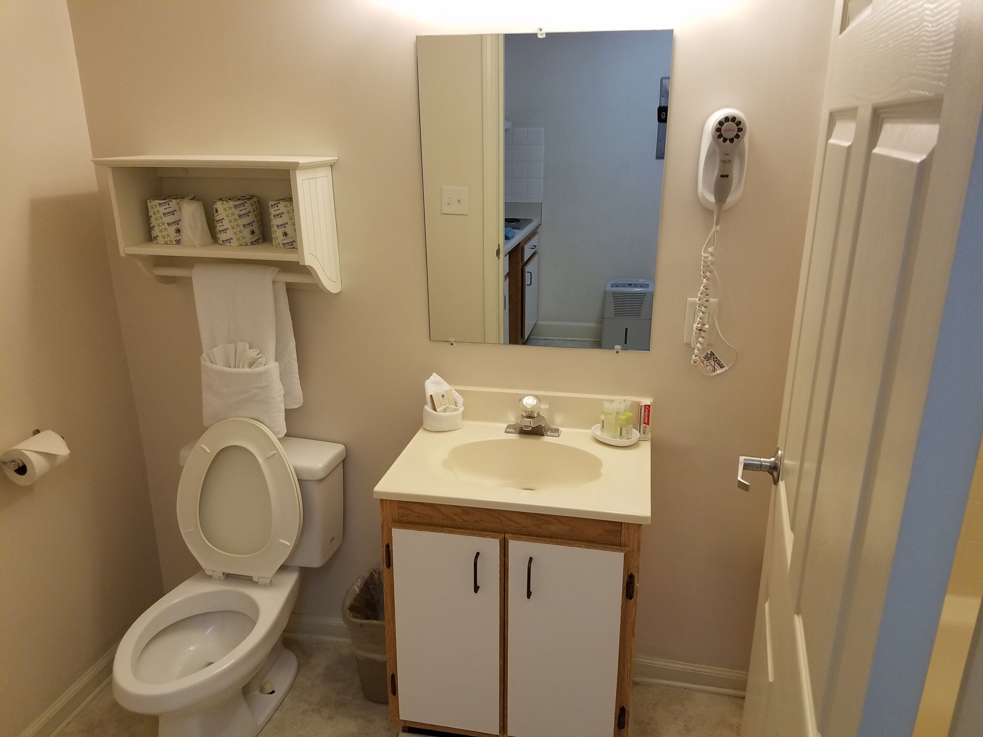 Un baño con inodoro, lavamanos y espejo.