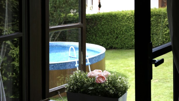 A window with a view of a swimming pool, a hedge, and a potted plant with flowers. - Holiday home Lipno, Slupečná (Lipno nad Vltavou)