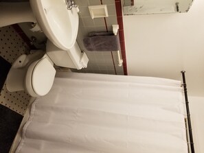 Duschwanne, Haartrockner, Handtücher, Seife