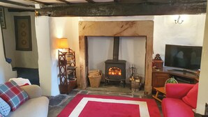 Una sala de estar acogedora con chimenea de piedra, un televisor y un sofá rojo.