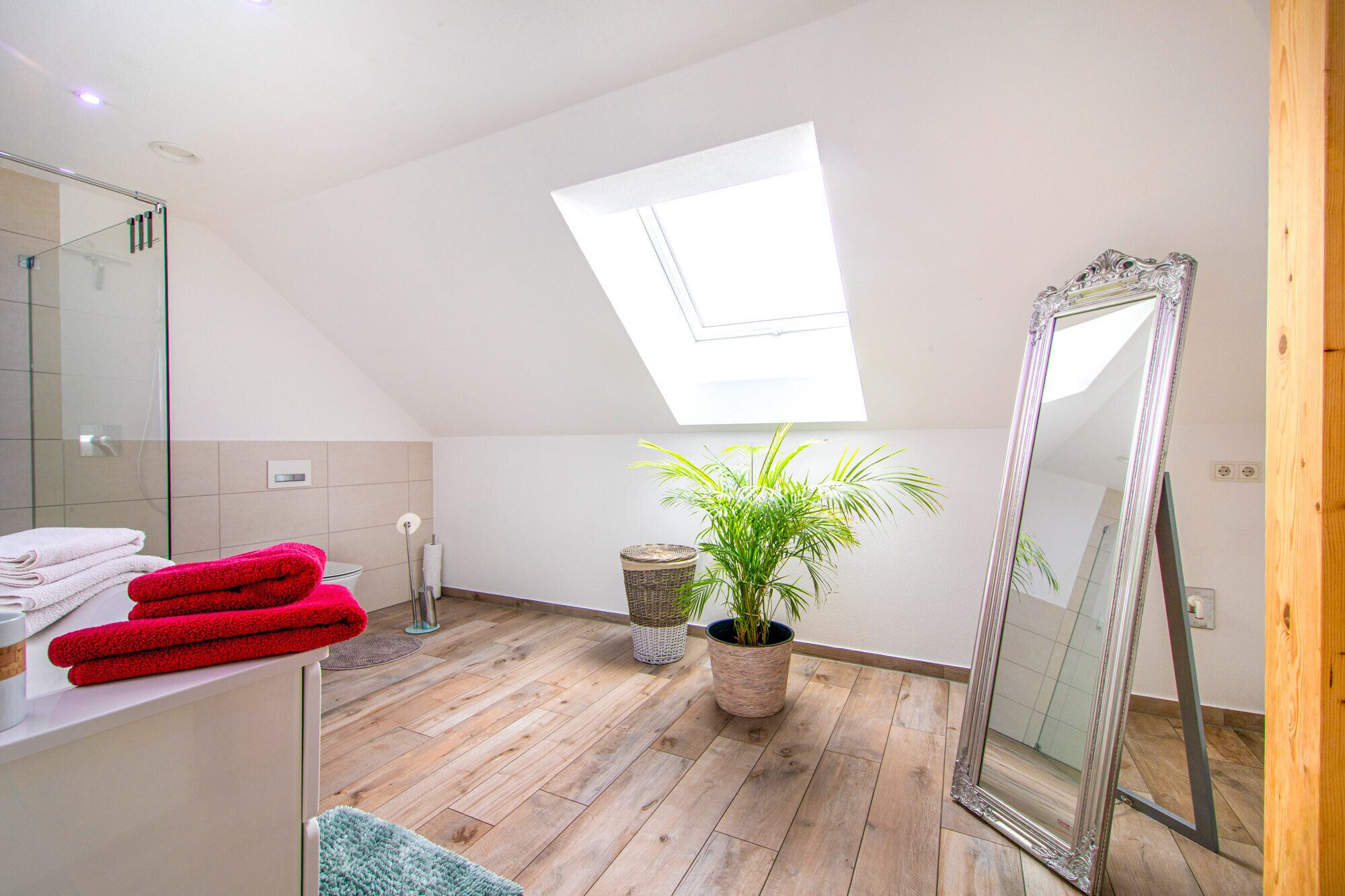 A modern bathroom with a skylight, a large mirror, and a potted plant.