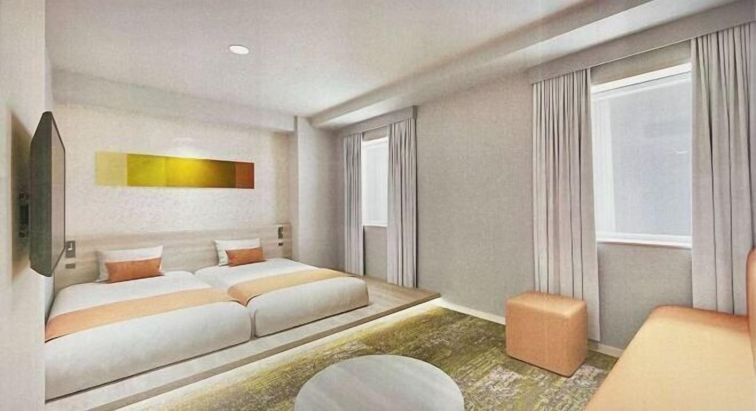 Desk, laptop workspace, blackout drapes, soundproofing