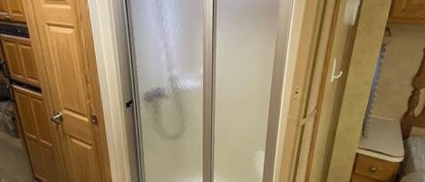 Shower, towels, toilet paper