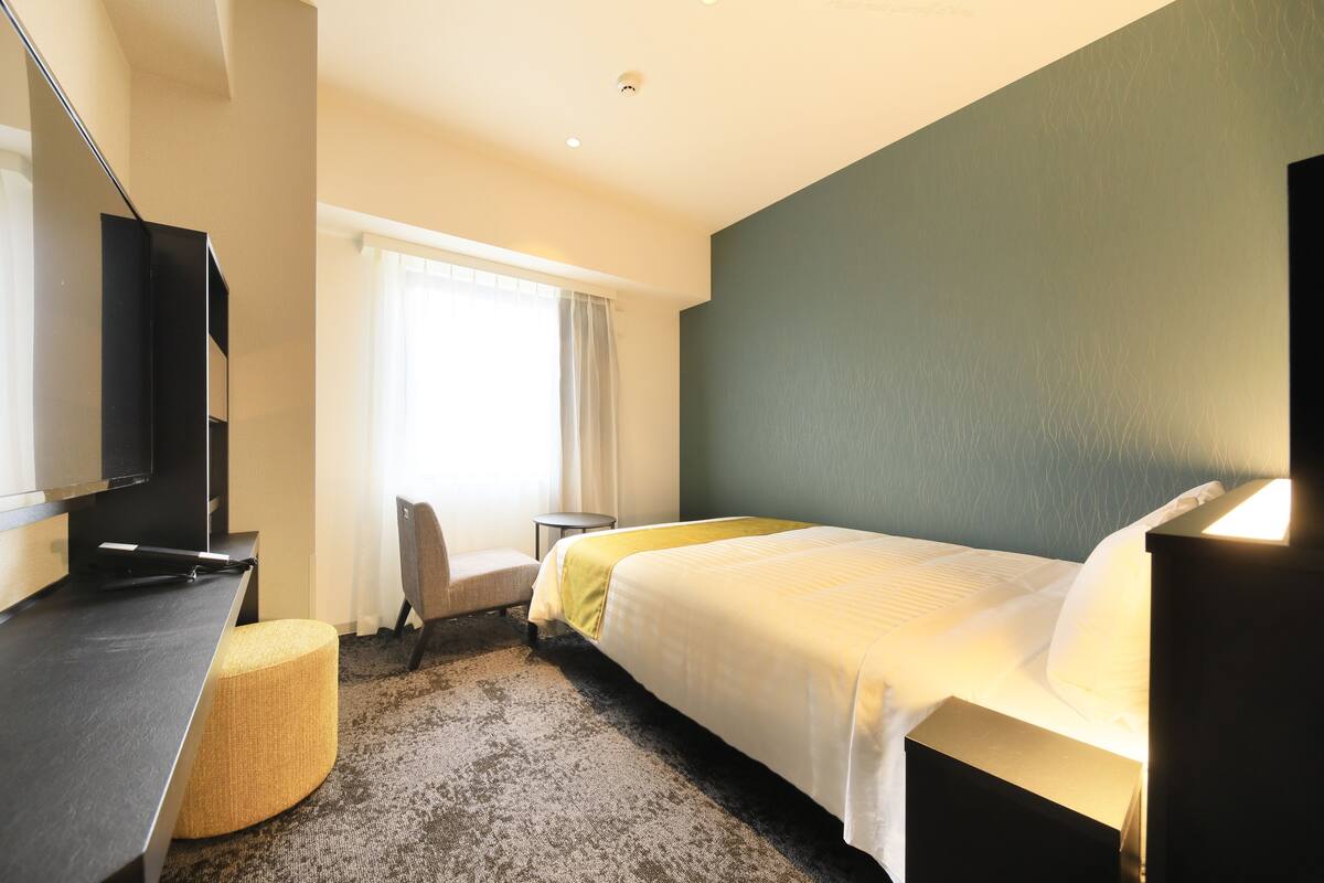 A hotel room with a bed, a desk, a chair, a television, and a window with curtains.